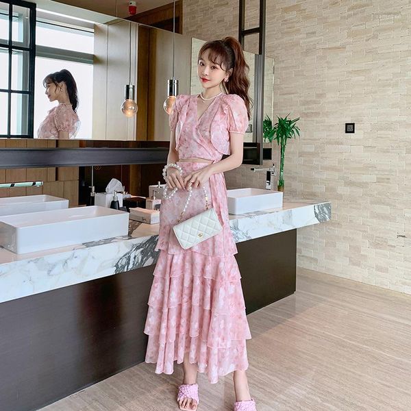 Arbeitskleider 2023 Sommer süße rosa Chiffon-Oberteile und langer Faltenrock weibliche Homewear-Outfits drucken florale elegante zweiteilige Damen-Sets