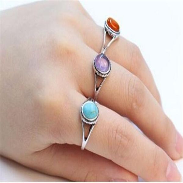 Mode antike Silber Ringe natürlichen Türkis Ring Achat rot lila Stein Ring für Frauen202s