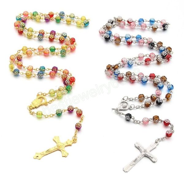 6MM Acryl Rosenkranz Halsketten Für Frauen Männer Rose Perlen Lange Kette Kruzifix Kreuz Anhänger Religiöse Gebet Schmuck