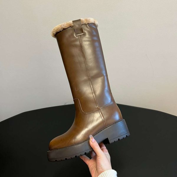 Miui Kadın Ayakkabı Ailesi Kalın Sole High Boots 2023 Yeni Kalın Topuk Yuvarlak Kafa Diz Uzunluğu Sıcak Kalın Polar Uzun Botlar