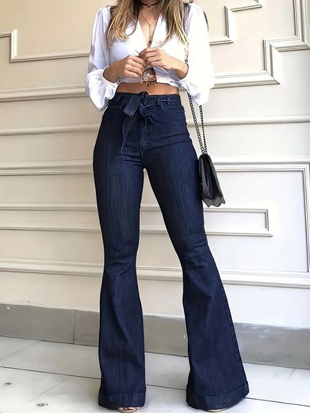 Женские джинсы темно-синие расклешенные осенние эластичные брюки с поясом-клеш широкие джинсовые брюки одежда 231101