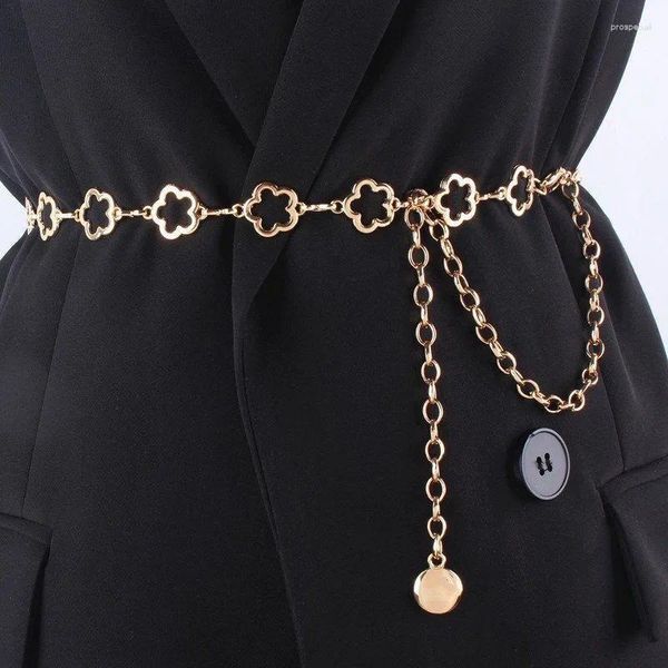Cintos Coreano Moda Golden Link Chain para Mulheres Oco Metal Flor Silvertone Cintura Vestido Decorativo Cinto Ela