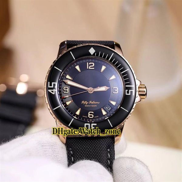 2 cores novo 5015-3630-52 Fifty Fathoms 50 Fathoms Black Dial Miyota 8215 Automatic Mens Watch Rose Gold Case Leather Strap Watches253p