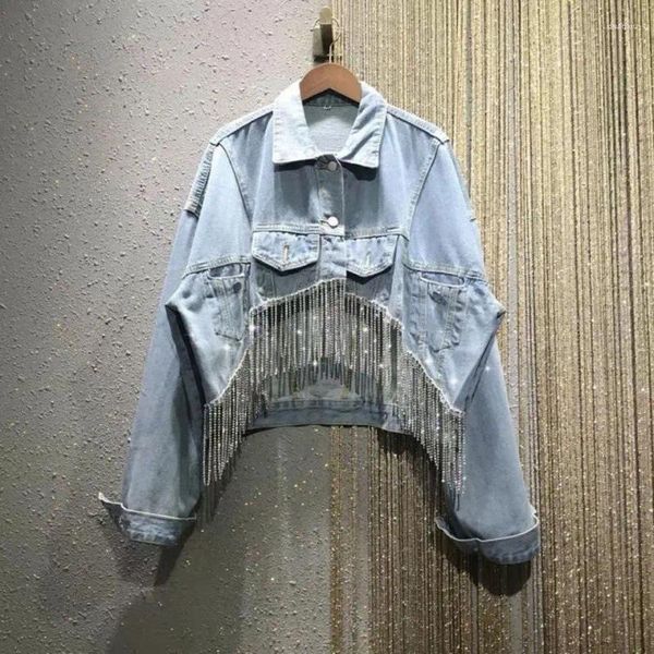 Giacche da donna Autunno Pesanti Strass Frange Sciolto Cappotto di jeans corto corto di grandi dimensioni da donna