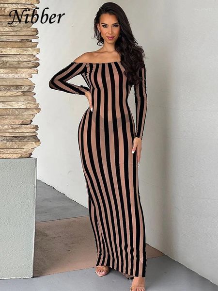 Vestidos casuais nibber listrado maxi vestido mulheres outono sexy ver através de manga longa sem costas robe elegante festa feminina streetwear roupas