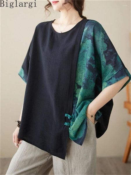 T-shirt da donna oversize estate donna taglia grande cotone lino a pois maglietta coreana donna casual pullover stampa camicia nera