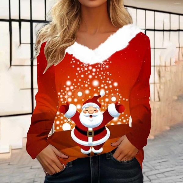 Kadın Tişörtleri Kürk Yaka Noel Kadınlar Uzun Kollu T-Shirt Karikatür Elk Baskı İmitasyon Pamuk Gömlek Leydi Sweatshirt Moda Külotu