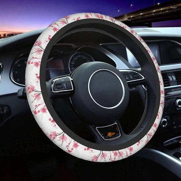 Capas de volante rosa flor de cerejeira capa bonito acessórios de carro para mulheres homens ajuste universal 15 polegadas respirável anti deslizamento suor