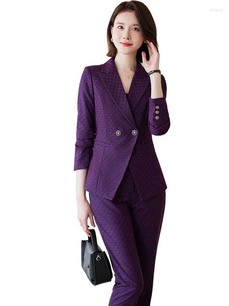 Calças femininas de duas peças Outono Inverno Roxo Azul Preto Senhoras Calça Terno Mulheres Feminino Trabalho Desgaste Jaqueta Listrada e Calças Blazer 2