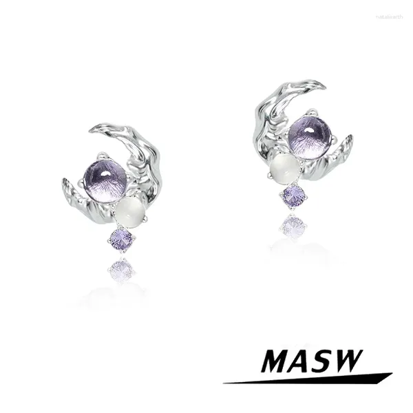 Orecchini a bottone MASW Design originale Gioielli eleganti Senior Sense Vetro viola Spesso placcato argento Luna per regalo per donna e ragazza