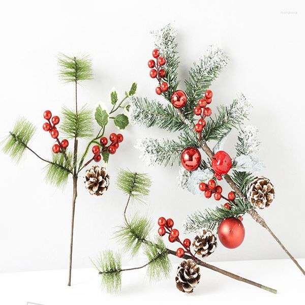 Fiori decorativi 1PC Simulazione Pigne di plastica Bacche rosse Ramo per ornamenti per feste di Natale fai-da-te Materiale per la disposizione dei vasi