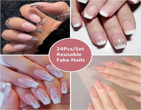 24 pezzi set colore nudo riutilizzabili unghie finte leopardo extra lungo bara punte false elegante lucido fluorescente acrilico copertura completa nail5996339