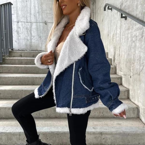 Jaquetas femininas velo denim jaqueta moda casual contraste cor manga longa zip cardigan outwear para roupas de outono streetwear