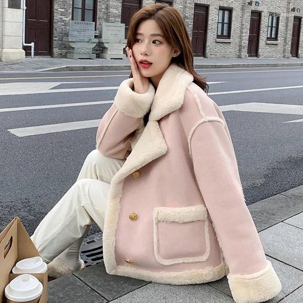 Casacos de trincheira feminina Jaqueta de cashmere rosa de inverno Mulheres de pele curta de cor sólida costura solta manga longa espessamento coreano Casaco feminino