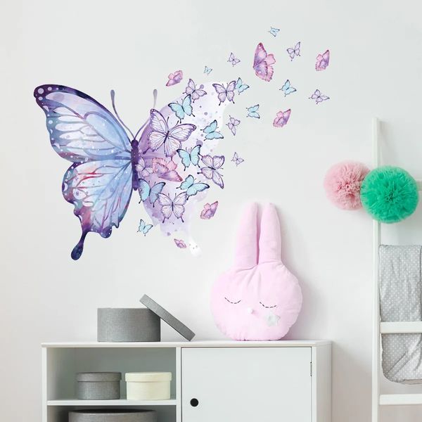 Adesivi murali Farfalla viola per camera da letto Soggiorno Decorazione Ragazze Decalcomanie Figlia Carta da parati Murales in PVC 231101