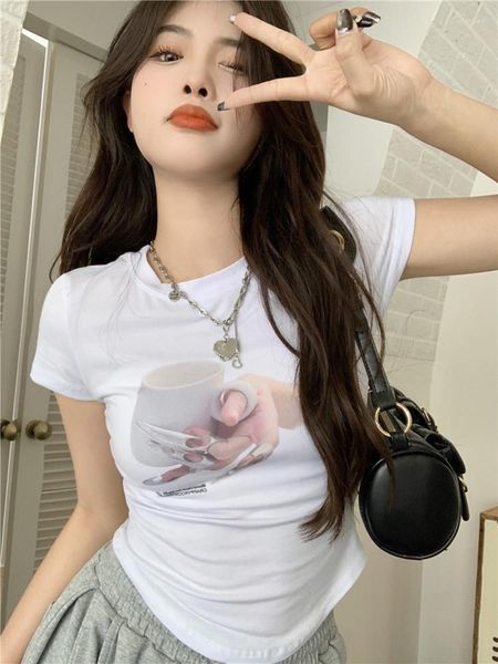 Damen T-Shirts Streetwear Korean Fashion Unregelmäßige Crop Tops Chic Graphic T-Shirts Y2k Ästhetik Sexy Slim T-Shirt Grunge Print Fairy Tee