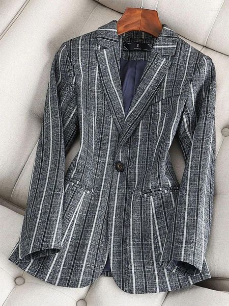 Ternos femininos cinza azul listrado senhoras fino formal blazer feminino manga longa único botão negócios trabalho wear casaco casaco
