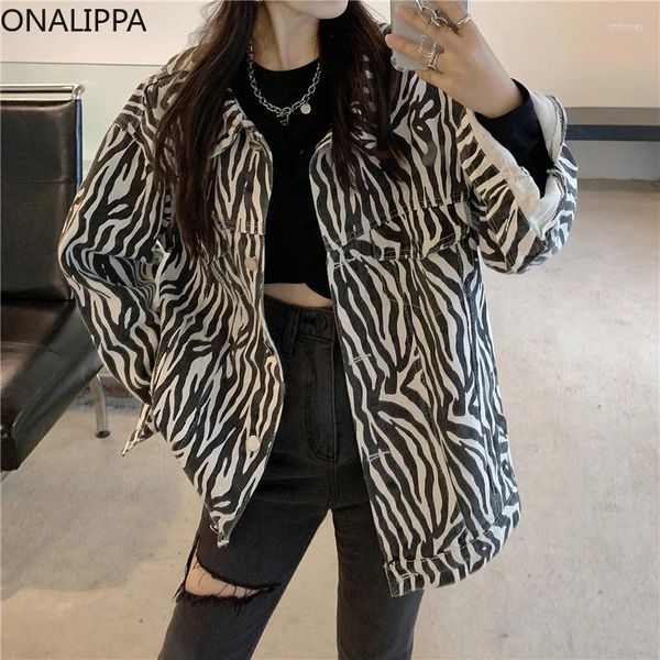 Jaquetas femininas Onalippa Vintage Contraste Zebra Denim Jacket Turn Down Collar Listrado Solto para Mulheres Coreano Moda Chic Design Casaco