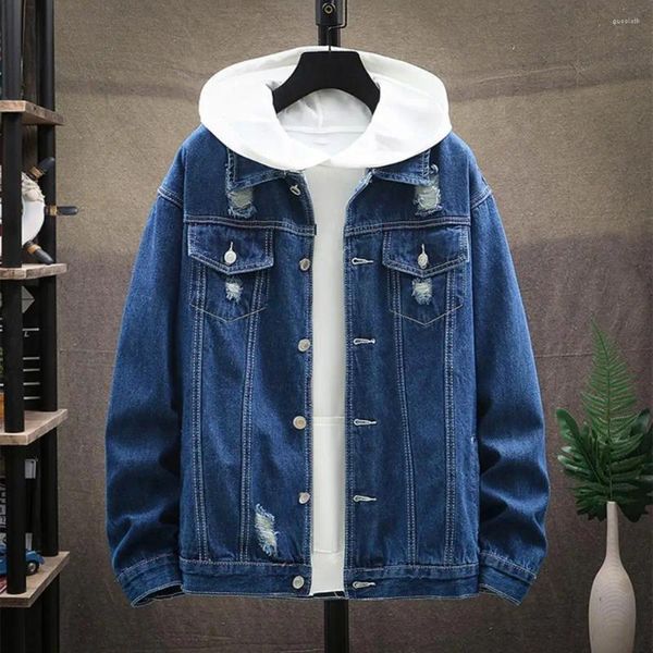 Männer Jacken Männer Denim Jacke Zerrissene Knopfverschluss Jeans Einfarbig Frühling Herbst Oberbekleidung Lose Löcher Mantel Für Schule