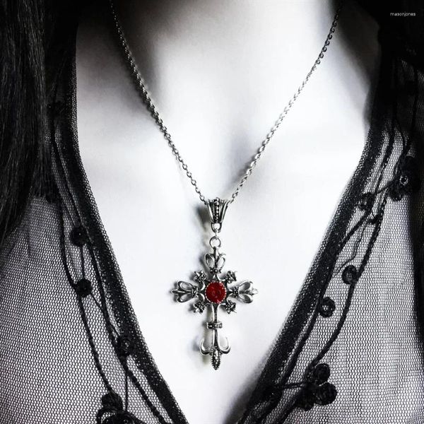 Anhänger Halsketten Gothic Dark Fashion Vintage Rubin Kreuz Halskette