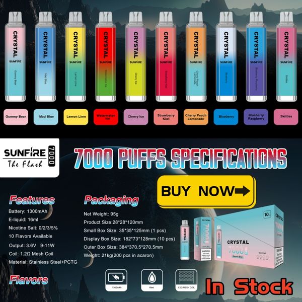 Festival Geschenk Sunfire E Zigarette 7000 Puffs Vapes Einwegpuff 7000 Tornado 9K Puffs Bar 1300mAh 0% 2% 3% 5% Vape Pen Kit 16ml vorgefüllte Karren Pod 12k 10 Aromen schnelles Schiff