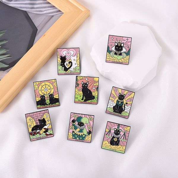 Kedi maması ve içecekler tarot kart şekilli emaye broş pimleri set estetik sevimli yaka rozetleri sırt çantaları için serin pimler şapka çanta yaka diy moda takı aksesuarları