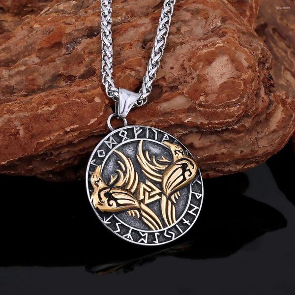 Colares de pingentes Design Design Aço inoxidável Viking Odin Raven e Rune Colar Retro Men's Norwegian Amulet Animal Pattern Jewelry Gift