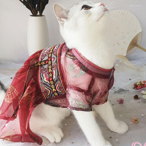 Trajes de gato vestido de roupas de estimação vestido de dote china-chic estilo nacional estilo adorável saia de princesa anti-are para cães pequenos suprimentos de verão