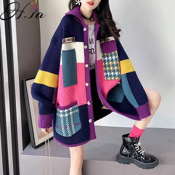 Женские свитера Hsa, женские длинные свитера, кардиганы, красочные лоскутные пальто, зимнее корейское вязаное пальто большого размера, теплый толстый кардиган 231101