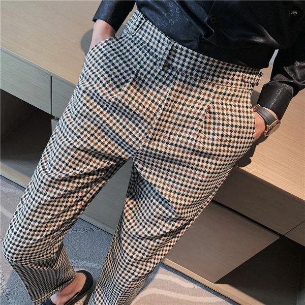 Herrenanzüge Britischer Stil Herbstmode Streifen Kariertes Anzughose Männer Hohe Taille Design Slim Fit Bürohosen Herren Bräutigam Hochzeitshose