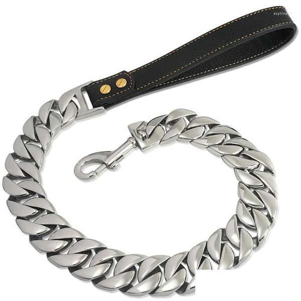 Hundehalsbänder, Leinen, Hundehalsbänder, große goldene Kettenleine für große Hunde, kausicheres Metall, 32 mm, robuster Edelstahl mit Leder, Pa Dhp87