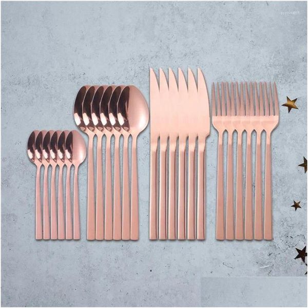 Louça Conjuntos Louça Conjuntos Rose Gold Cozinha Luz Brilhante Talheres Conjunto de Aço Inoxidável Sala de Jantar Colheres Garfos Talheres 24 Piec Dh8qo