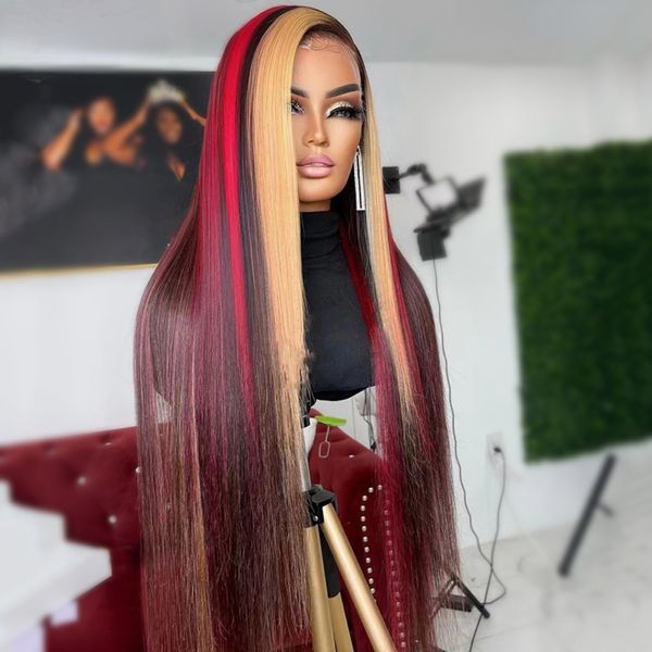 180densidade cabelo peruano destaca vermelho loiro 13x4 peruca frontal de renda pré-arrancada reta transparente frente de renda perucas de cabelo humano para mulheres negras