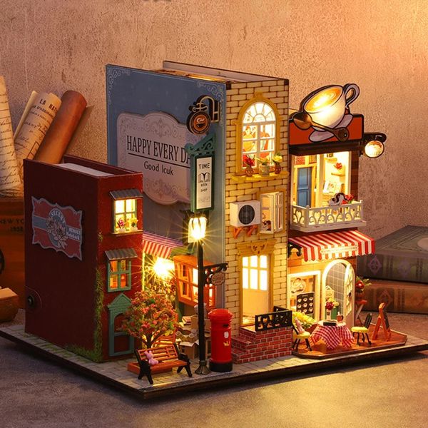 Bebek Evi Aksesuarları Dollhouse Kitap Nook DIY Minyatür Kit Kütüphanesi Binası Model Küçük Mobilya Ahşap Oyuncaklar Noel Hediyesi 231102