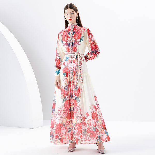Kadın Tasarımcı Zarif Çiçek Maksi Elbise Kemer Baharı Sonbahar Tasarımcı Stand Yasal Dantel Yukarı Bel Tatil Bohem Elbiseleri 2023 Fener Kollu Sevimli Parti Frocks