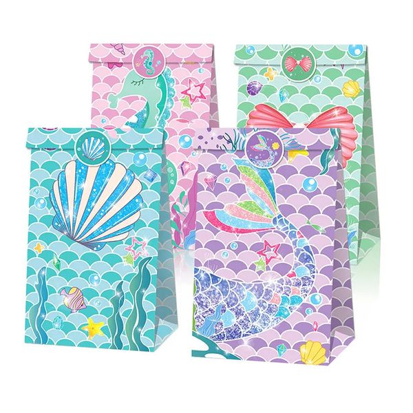 Confezione regalo 12 pezzi Sirena Tema Contenitore di caramelle Bomboniera Biscotto Sacchetto regalo con adesivi Bambini Sirenetta Decorazioni per feste di compleanno Forniture per baby shower 231102