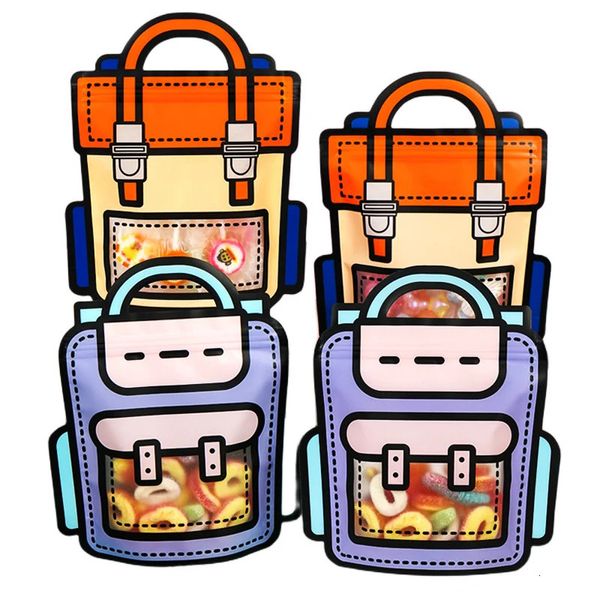 Hediye sargısı 25pc sevimli sırt çantası ayakta duran şeker torbaları fermuarlı kilit kurabiye bisküvi için plastik torba pişirme paketi çocuklar doğum günü partisi malzemeleri 231102