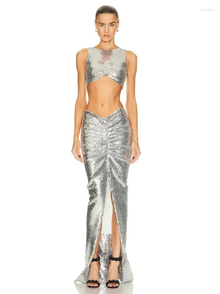 Arbeitskleider Sommer 2023 Frauen Sexy Silber Glitzer Langer Rock Anzug 2 Stück Set Elegant Abend Club Sparkly Party