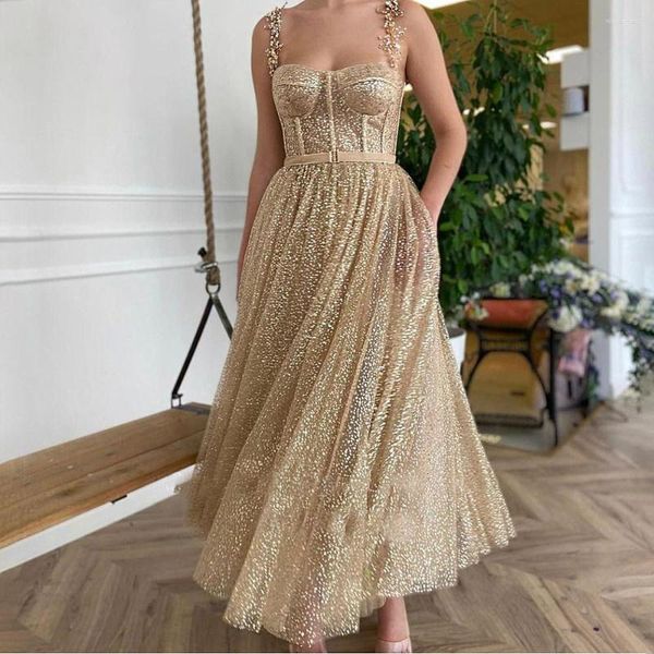 Abiti da festa 14299 # IENA Luxury Gold Glitter Tulle Ball Gown Double Strap Pocket A-Line Short Formal Seaside Evening Prom Gowns