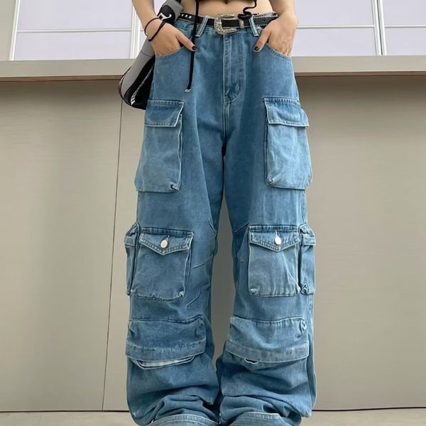 Nuovi jeans da donna Pantaloni cargo lavati blu multitasche Retro High Street Fashion Jeans a vita alta Coppia Harajuku Pantaloni larghi casual semplici