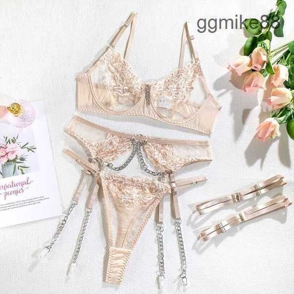 lingerie Set di lingerie sexy Intimo di pizzo molto per donna Catena di metallo ultrasottile con ferretto Set di reggiseni con ricamo erotico e mutandine Costumi porno Reggiseni bralette EL72