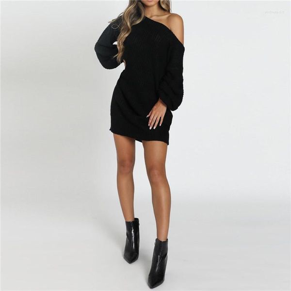 Suéteres femininos Moda Slash Neck Sweater Dress Vesti