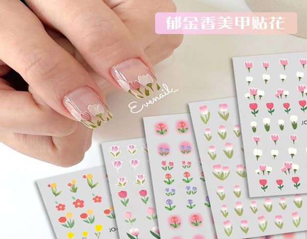 2022 novo popular tulipa flor 3d etiqueta da arte do prego primavera elegante rosa decalques de unhas diy volta cola decoração dicas de unhas acessórios 2378925