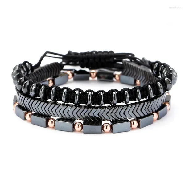 Strang 5 Set/Los Schwarzer Eisenerz Facettierter Würfel Abwechselnd Goldene Perlen Verstellbares Charm Weben Handgemachtes Armband Für Unisex Frau Mann