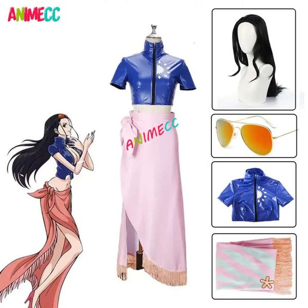 Nico Robin Costume Cosplay Parrucca Occhiali da sole Anime Gioco di ruolo Vestito Top Gonna avvolgente con motivo floreale Festa di Halloween per donne cosplay