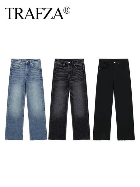 Jeans S Women trafza mulheres moda jeans straight calça casual calça de cor sólida estilo coreano lamado perna larga versátil 231102
