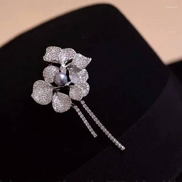 Broschen MeibaP 9-10mm Natürliche Schwarze Perle Blume Quasten Corsage Brosche Mode Pullover Schmuck Für Frauen Leeres Fach