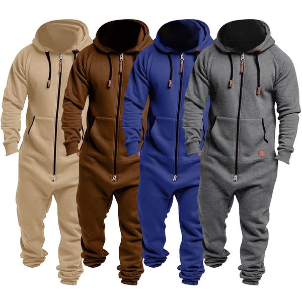 Mens Calças Onesie Macacão Pijama Manga Longa Sweatpants Pure Color Splicing Outono Inverno Casual Hoodie Masculino Zipper Treino 231101