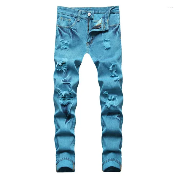 Herren Jeans Y2K Ripped Denim Trendy Holes Distressed Türkis Blau Gerade Hosen Casual Plus Size Lange Hosen