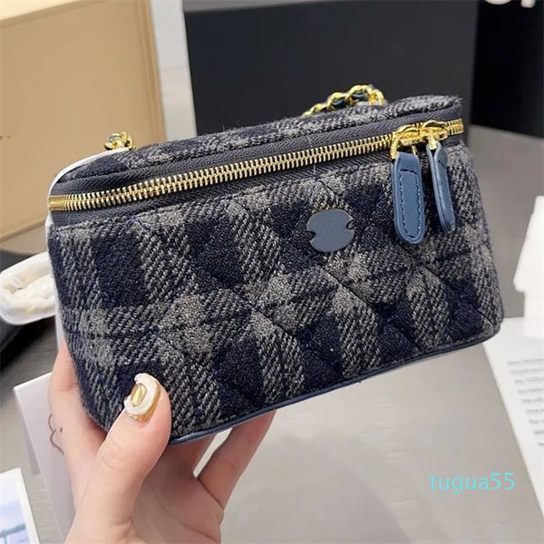 Designer-Damen-Tweed-Mini-Eitelkeitstasche mit Kettentasche, gesteppte Umhängetaschen, Make-up-Etui für Damen, Kosmetikbox, Umhängetasche, Handtasche mit Spiegel